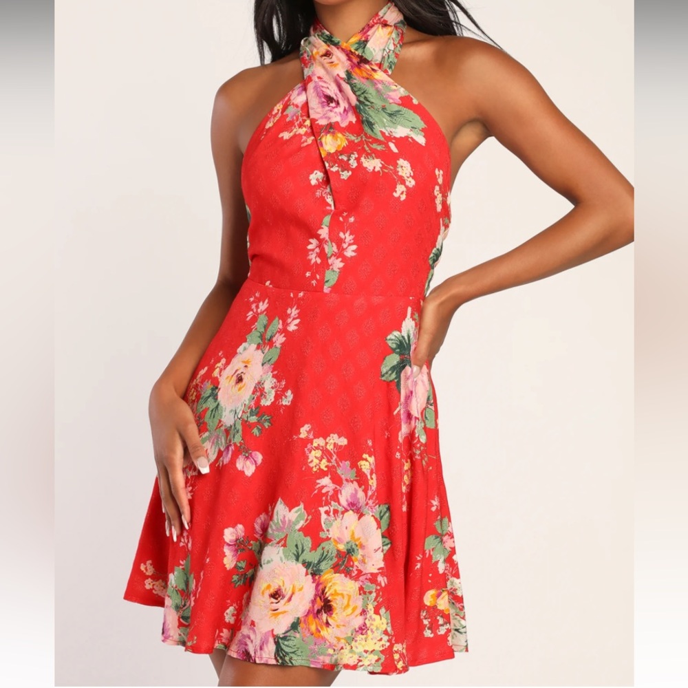 Lulus  Own the Day Red Floral Jacquard Cross-Front Halter Mini Dress